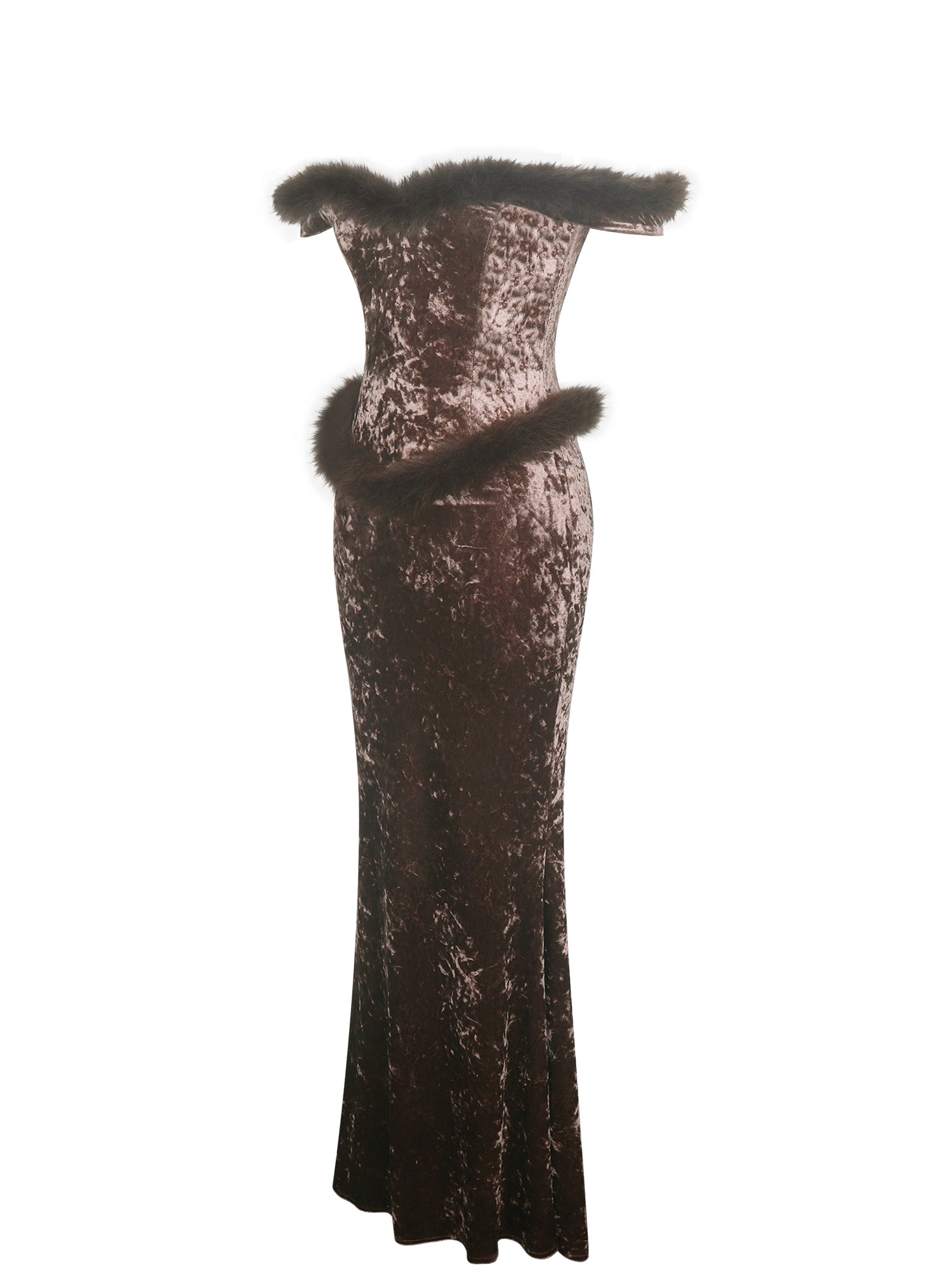 Tessa Sweetheart Bardot Faux Fur Velvet Mermaid Maxi Dress | Coffee