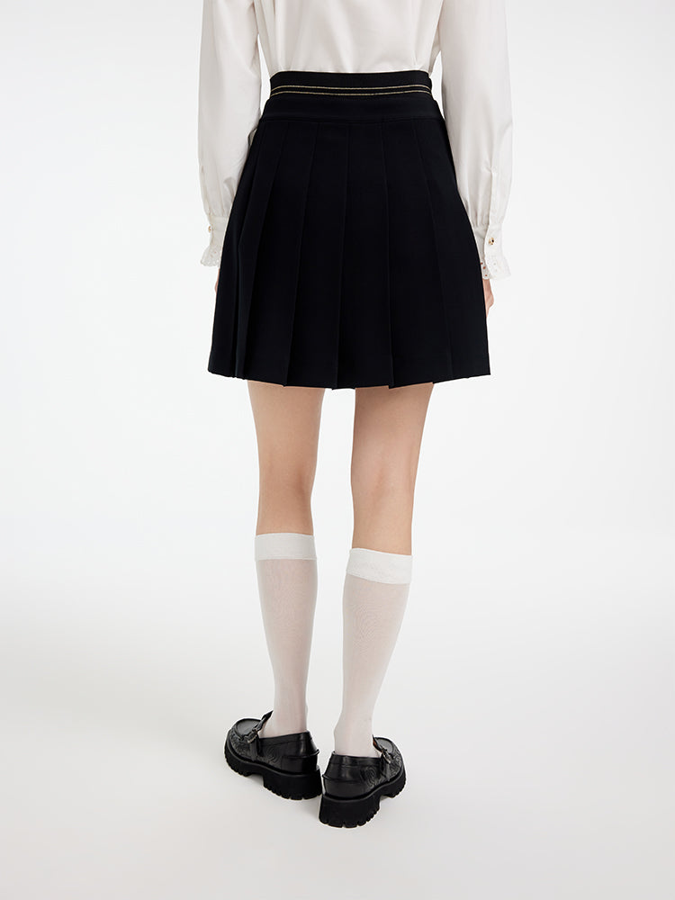 College-Style Pleated Midi Skirt | Black