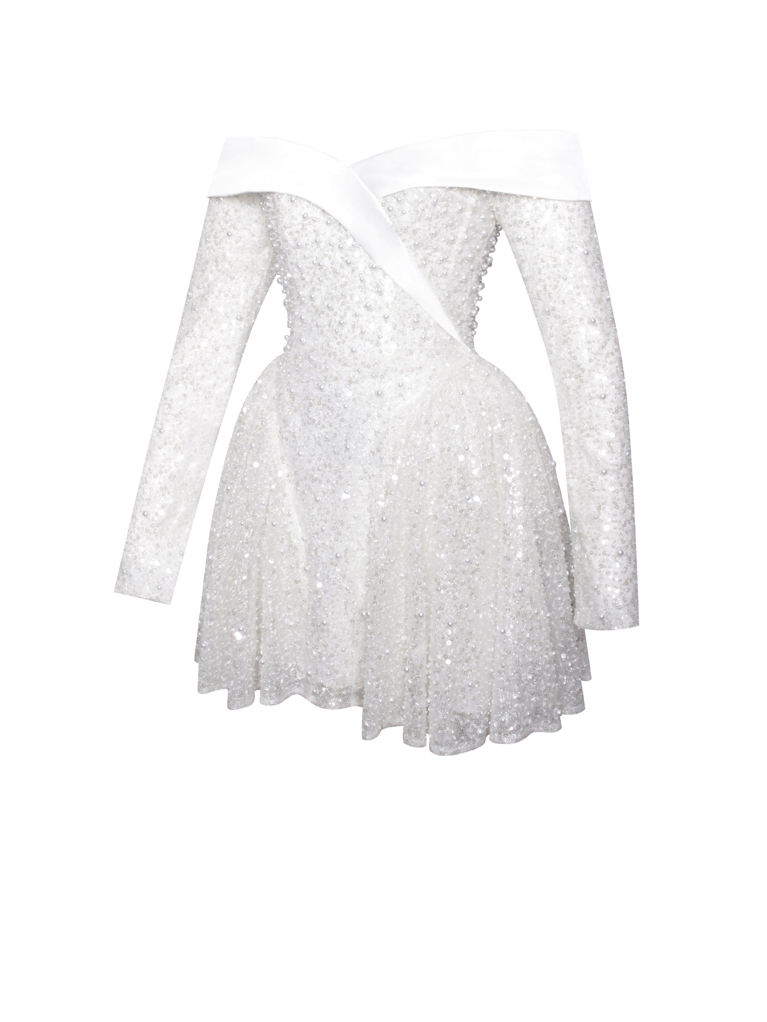 Kira Bead Embroidered Mesh Off Shoulder Long Sleeve Mini Dress | White