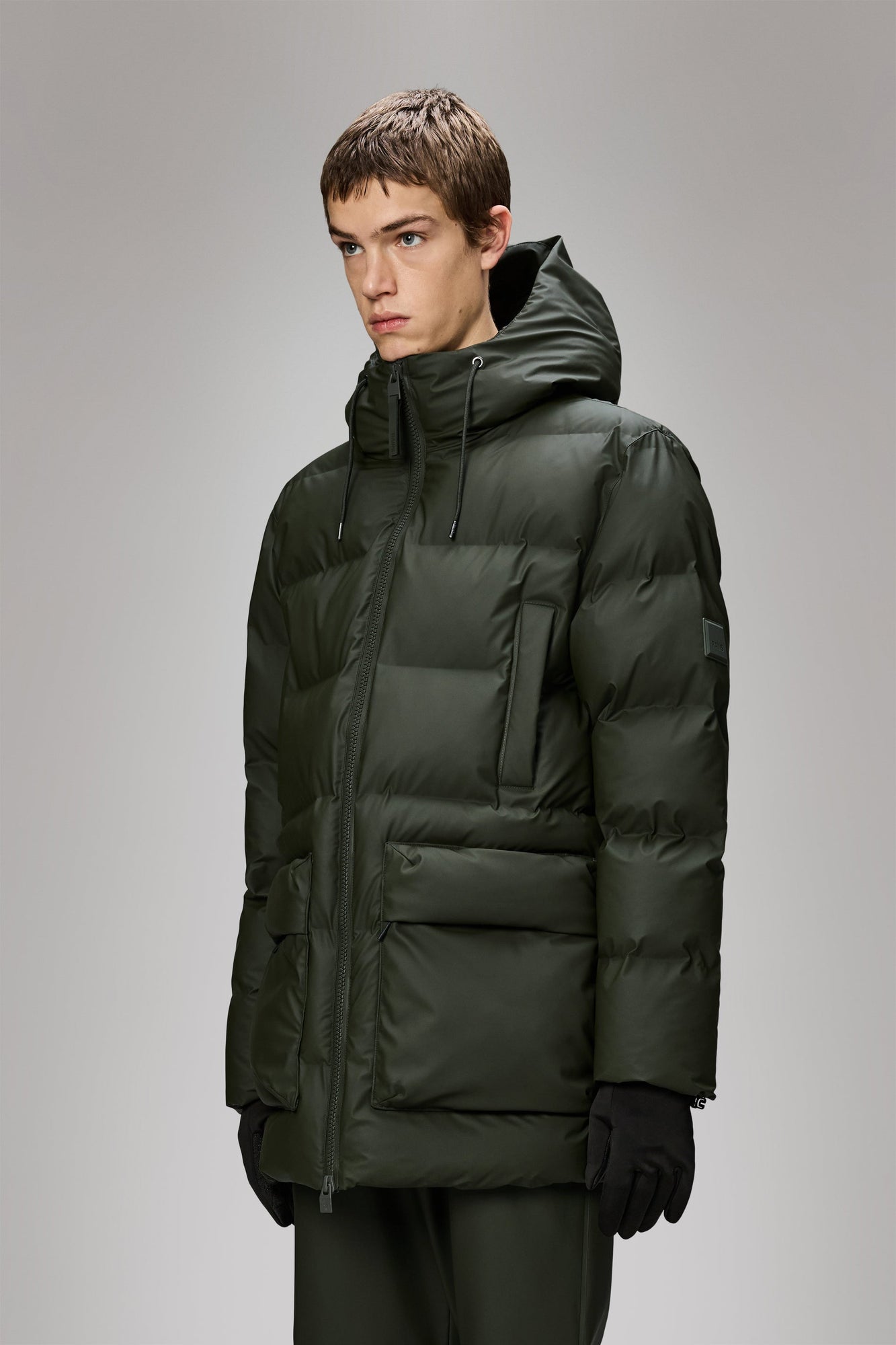 RAINS Alta Long Puffer Cargo Jacket Green Jacket