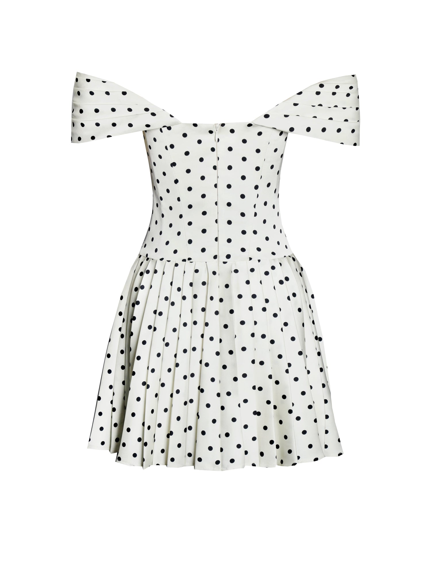 Edeline Polka Dot Off-shoulder Pleated Mini Dress | Black and White Polka Dot
