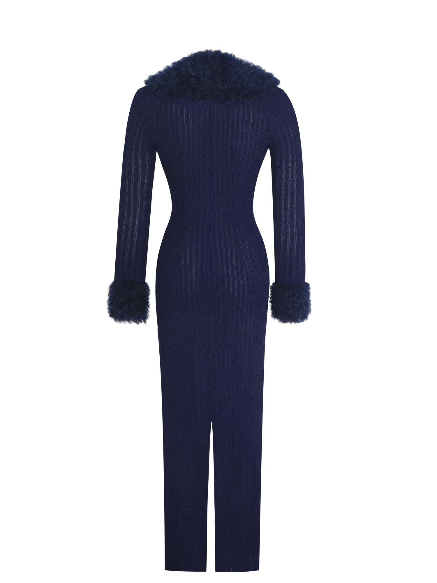 Romina Plunging Fur Trimmed Crochet Maxi Dress | Navy