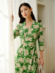 Silk Floral Midi Dress | Vibrant Green/White