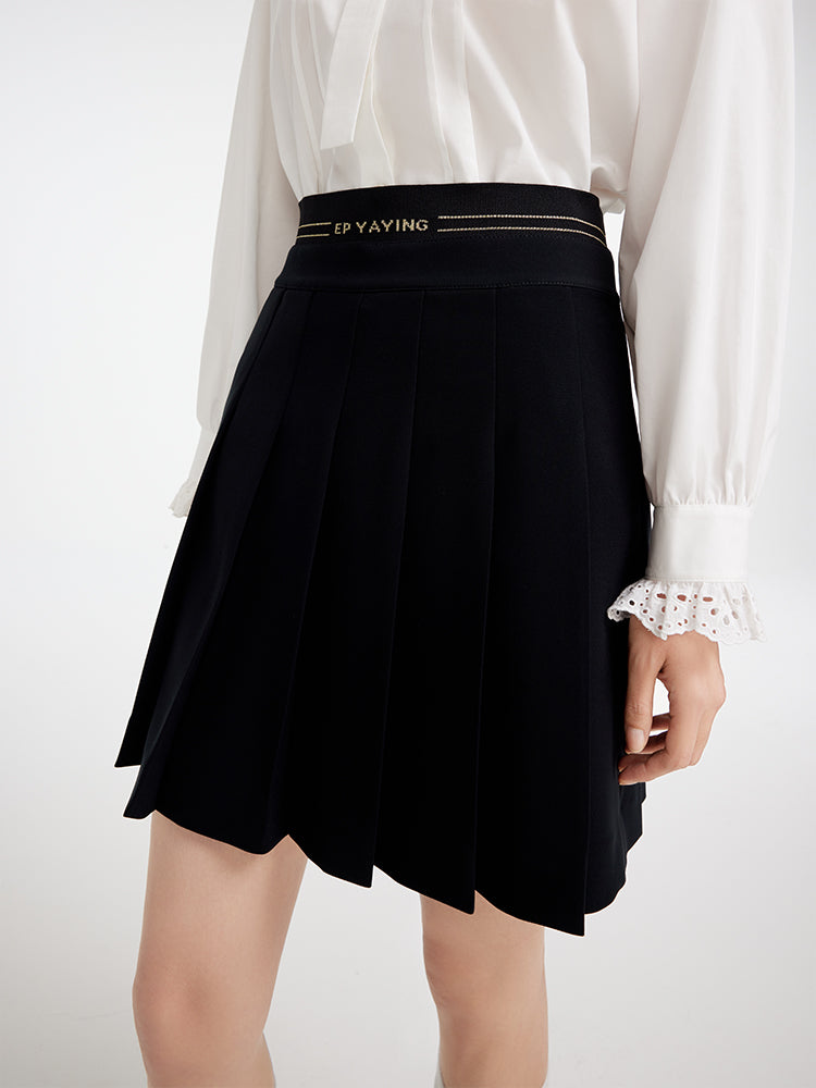 College-Style Pleated Midi Skirt | Black