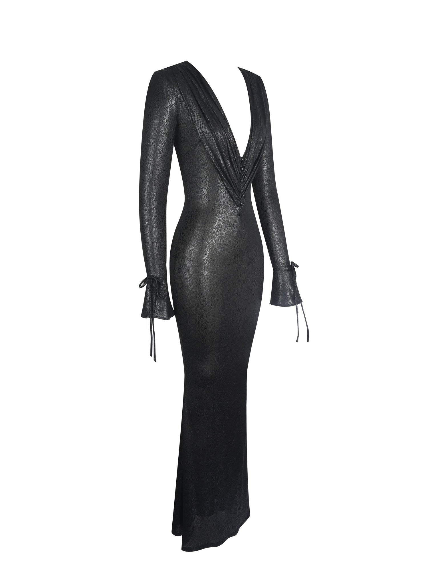 Ilysia V-Neck Plunge Snakeskin Mermaid Hem Maxi Dress | Black