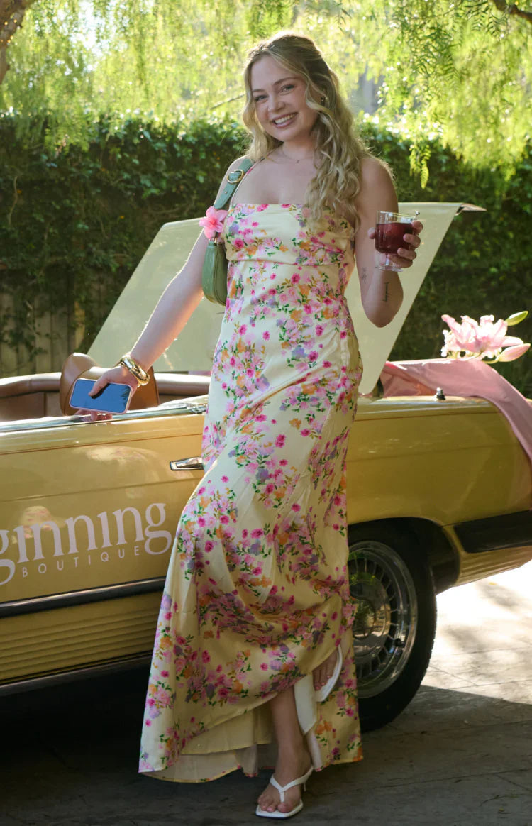 Blaise Bloom Satin Maxi Dress | Yellow
