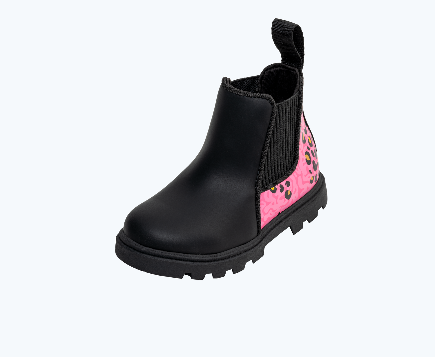 Angled view of a Native Shoes Kids Kensington Treklite Print Kids | Jiffy Black/ Jiffy Black/ Hollywood Warped Cheetah Footwear