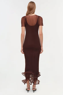 Burgundy plisse midi dress with short sheer sleeves and ruffled hem detail, shown on model from behind.