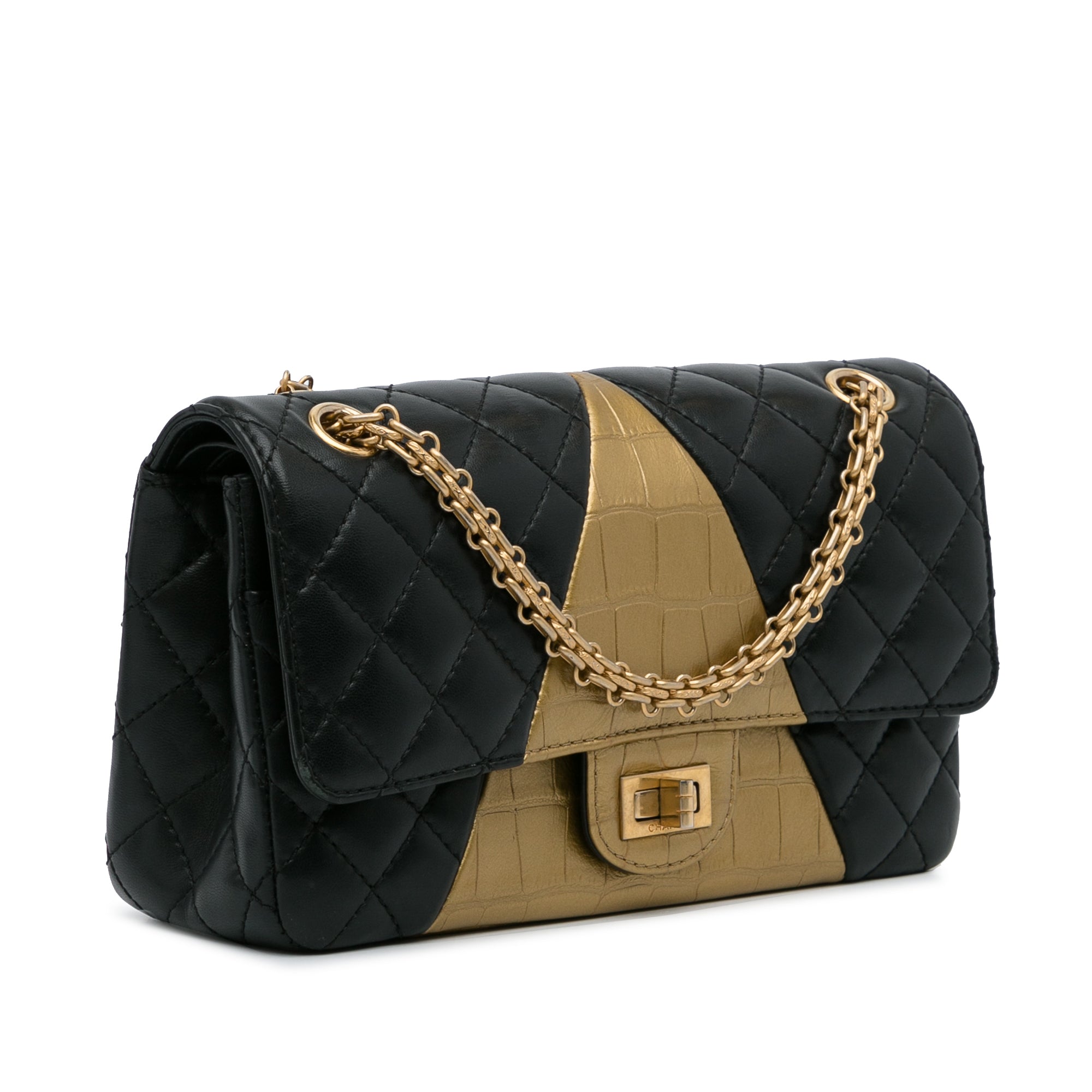 Chanel | Pre-Owned Medium Croc Embossed Lambskin 2.55 Reissue Double Flap Bag | Black/Gold