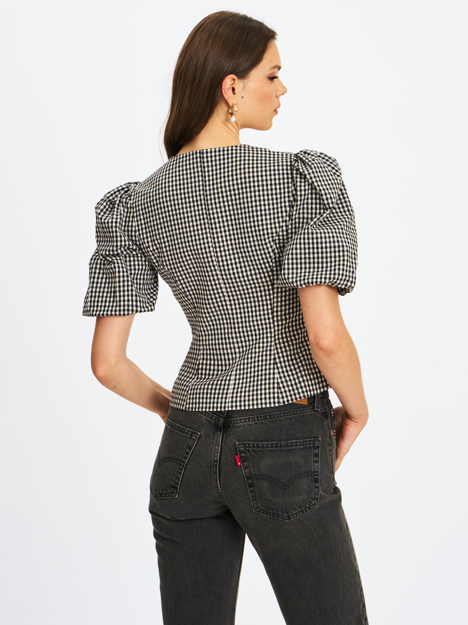 Qusayla Cotton Bubble Sleeve Bowtie Top | Black Gingham