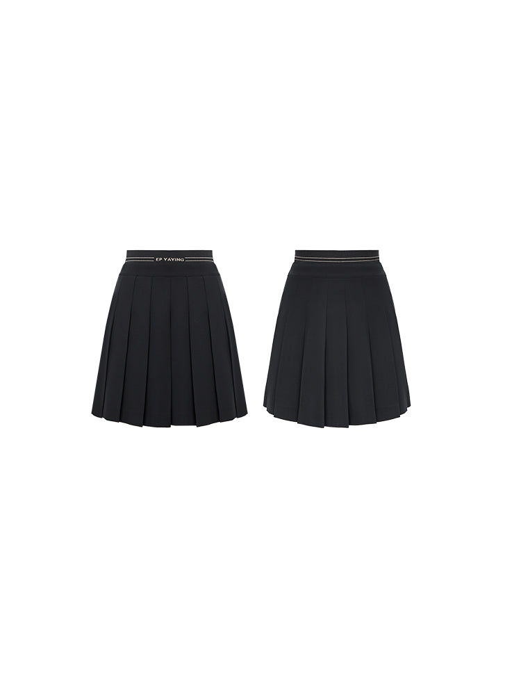 College-Style Pleated Midi Skirt | Black