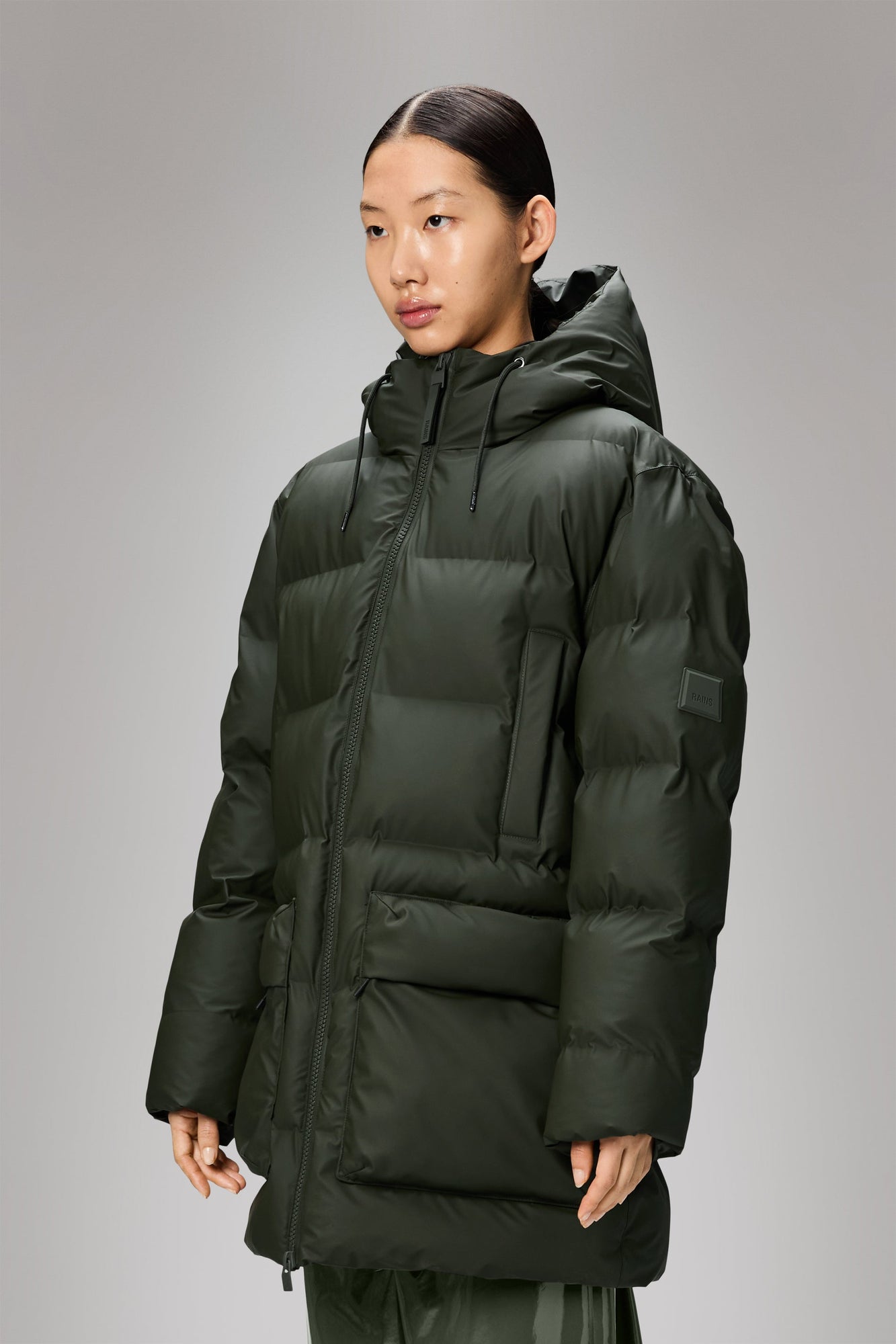 RAINS Alta Long Puffer Cargo Jacket Green Jacket