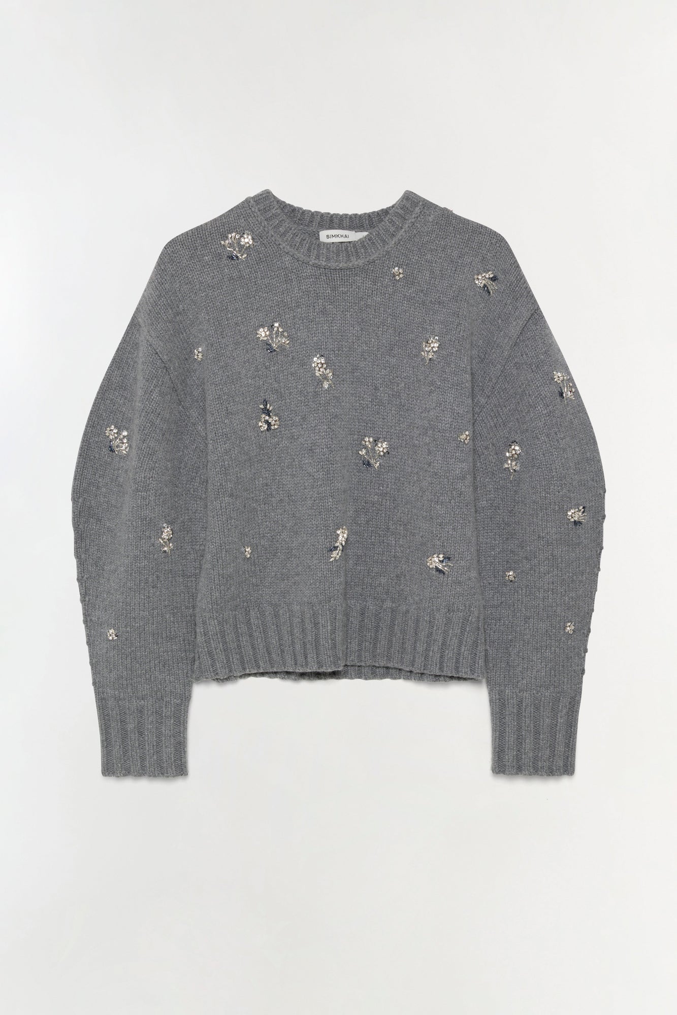 Gray ribbed knit crewneck sweater with scattered silver beaded floral embellishments throughout.