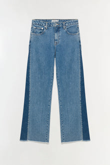Light blue denim straight leg jeans with darker blue side panels and raw frayed hem.