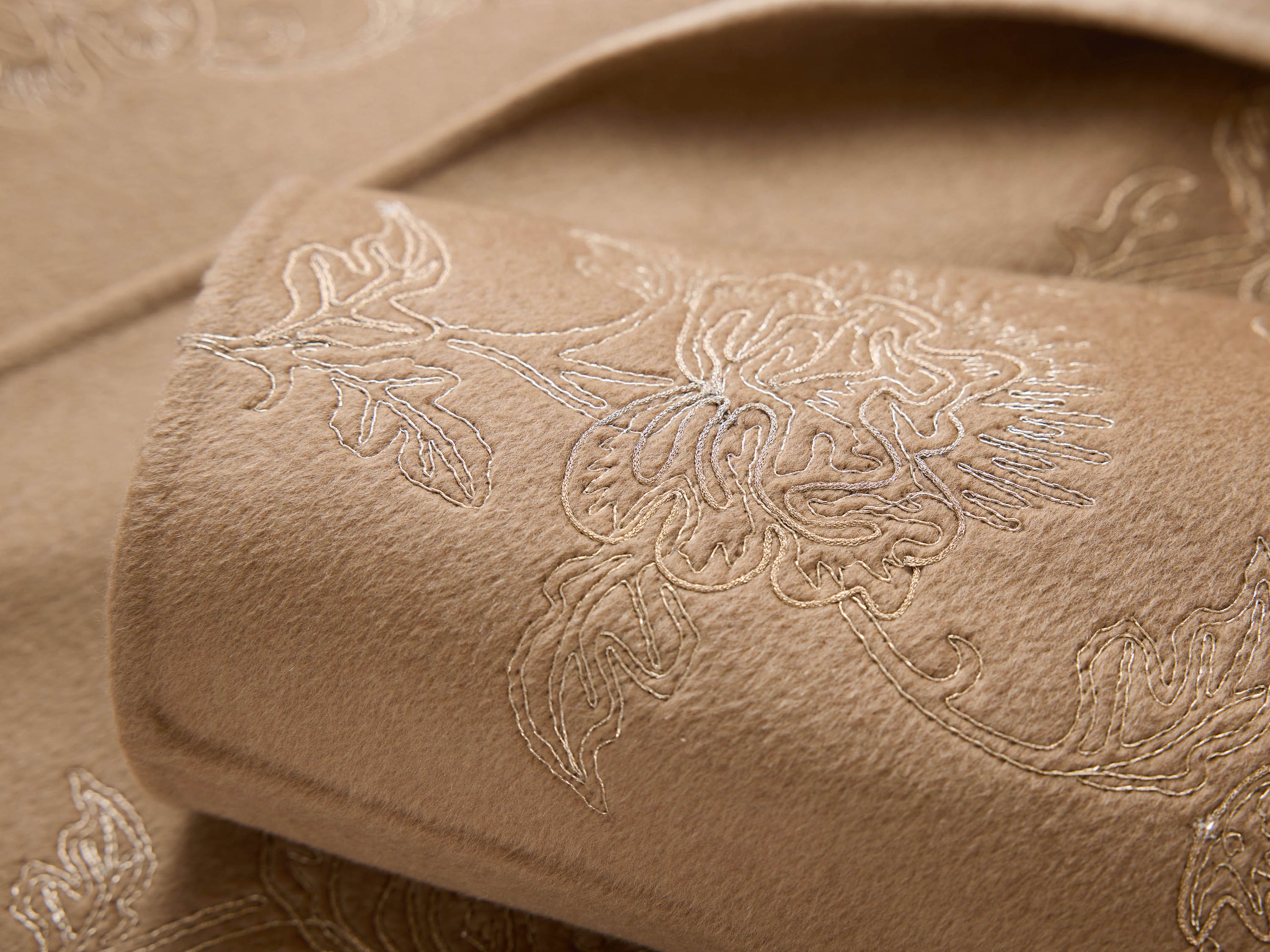 Gold Thread Embroidered Wool Cashmere Blended Coat | Camel