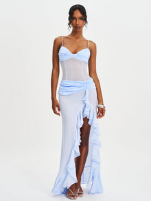 Lacy Ruched Breast High Slit Chiffon Dress | Blue