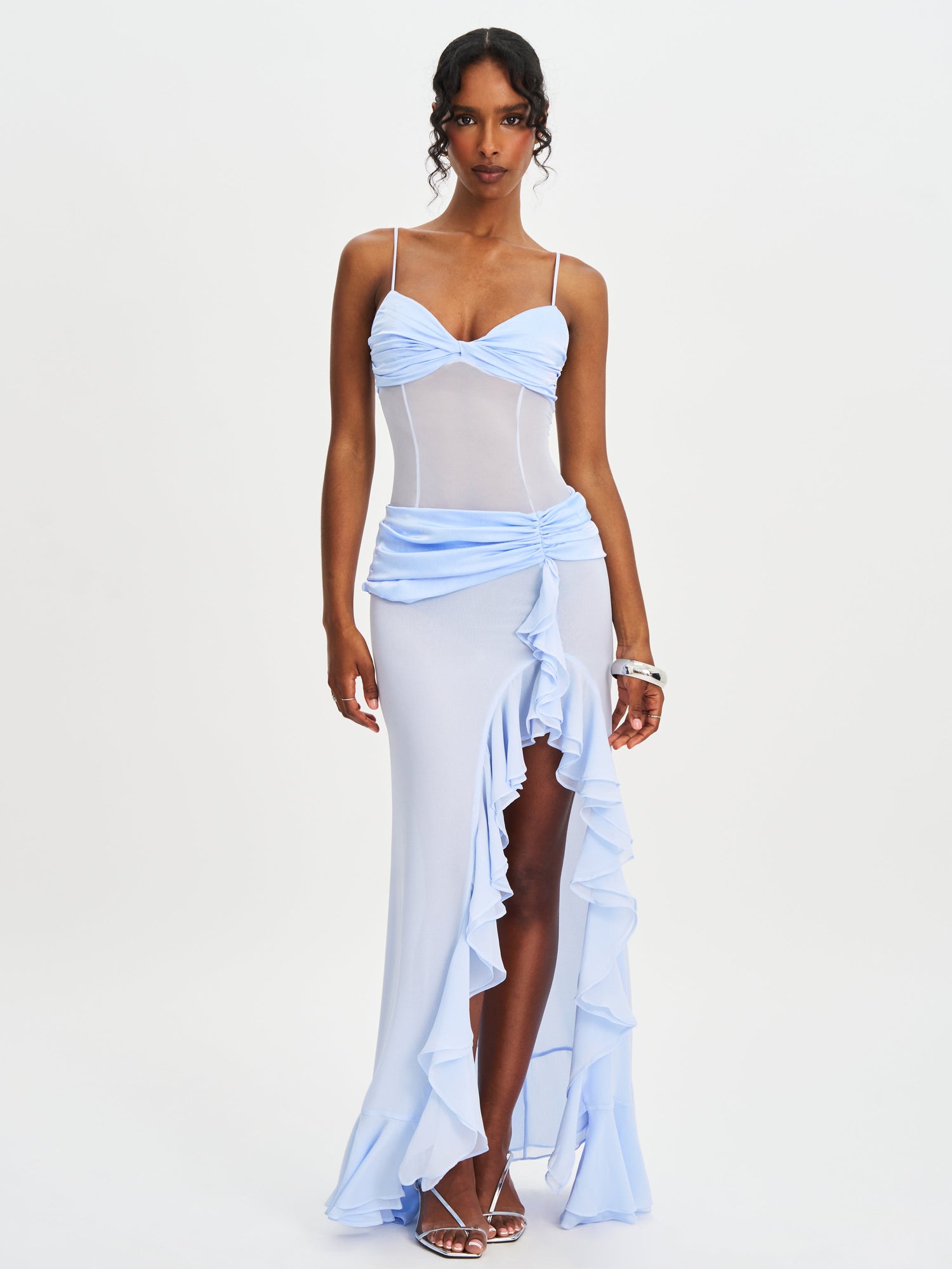 Lacy Ruched Breast High Slit Chiffon Dress | Blue