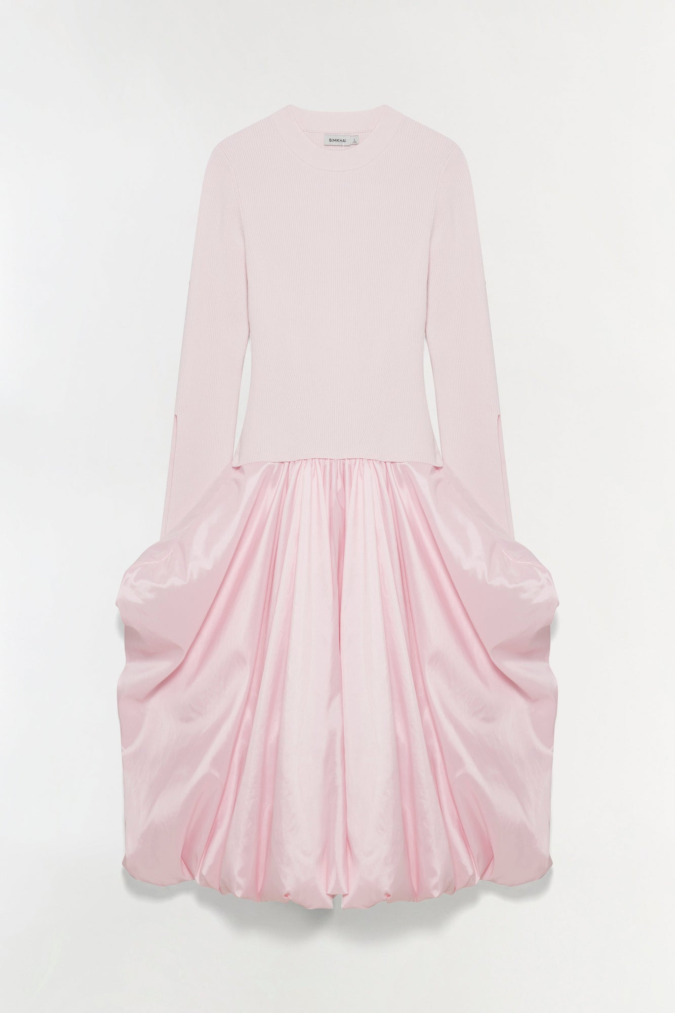 Light pink midi dress with ribbed knit top and pleated taffeta skirt with gathered sides.