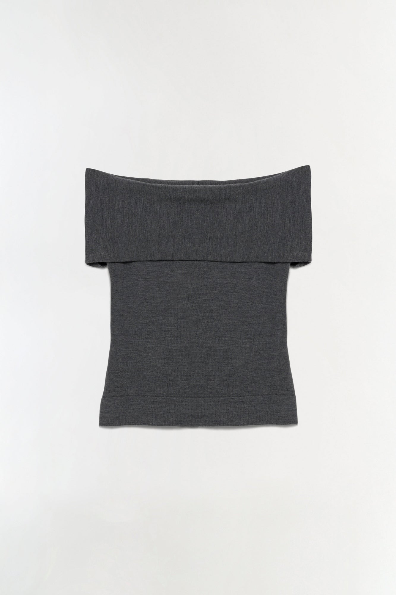Charcoal wool top with off-shoulder neckline and folded collar detail.
