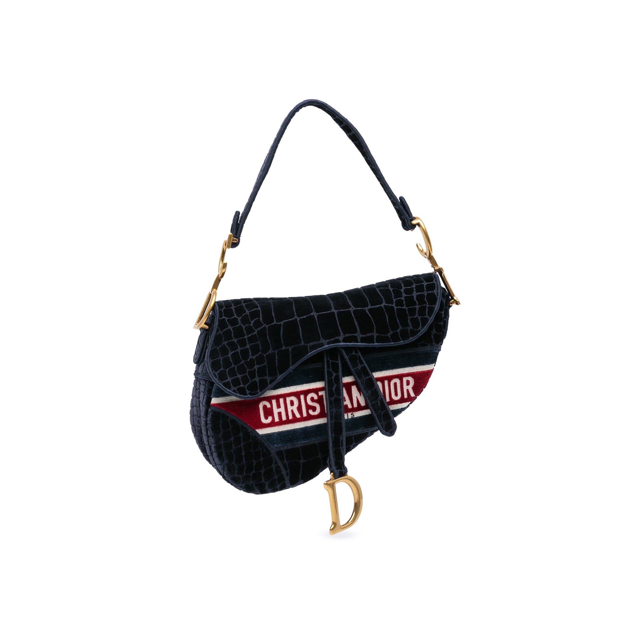 Dior | Pre-Owned Velvet Embroidered Crocodile Effect Saddle Bag | Blue/Navy
