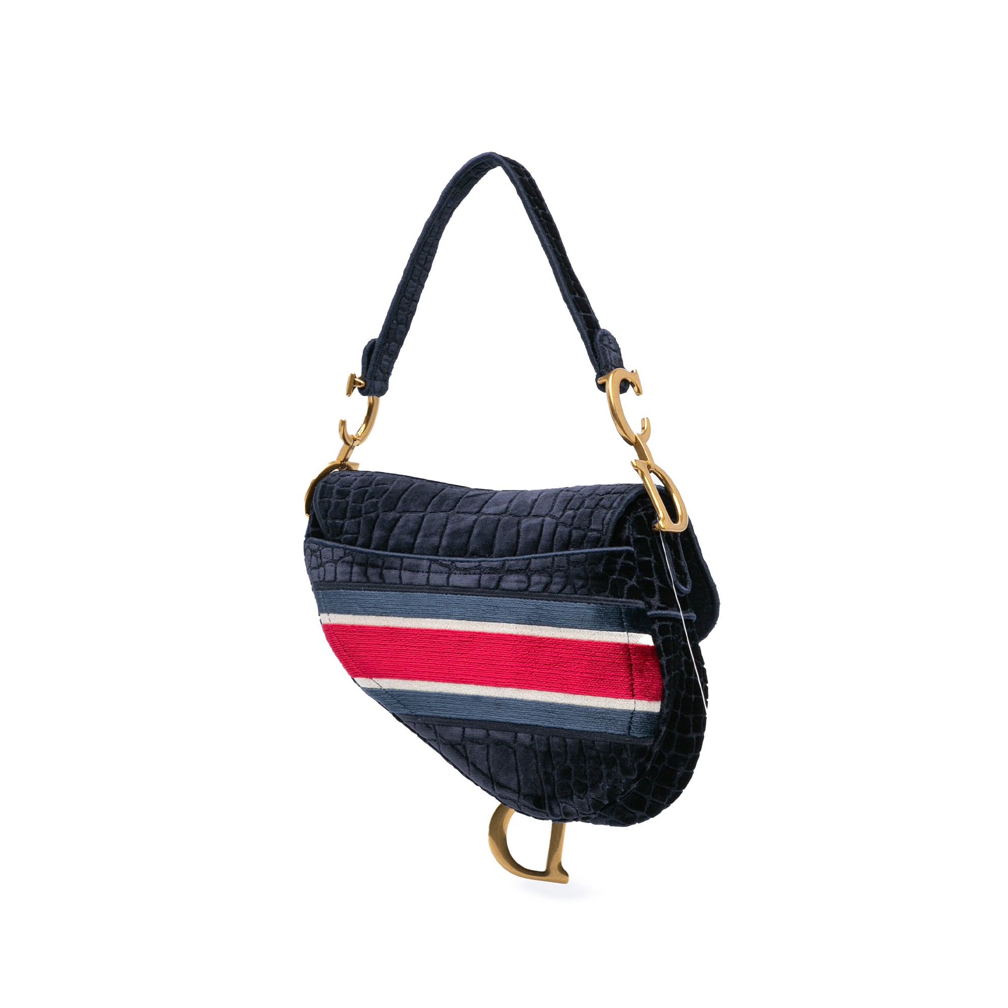 Dior | Pre-Owned Velvet Embroidered Crocodile Effect Saddle Bag | Blue/Navy