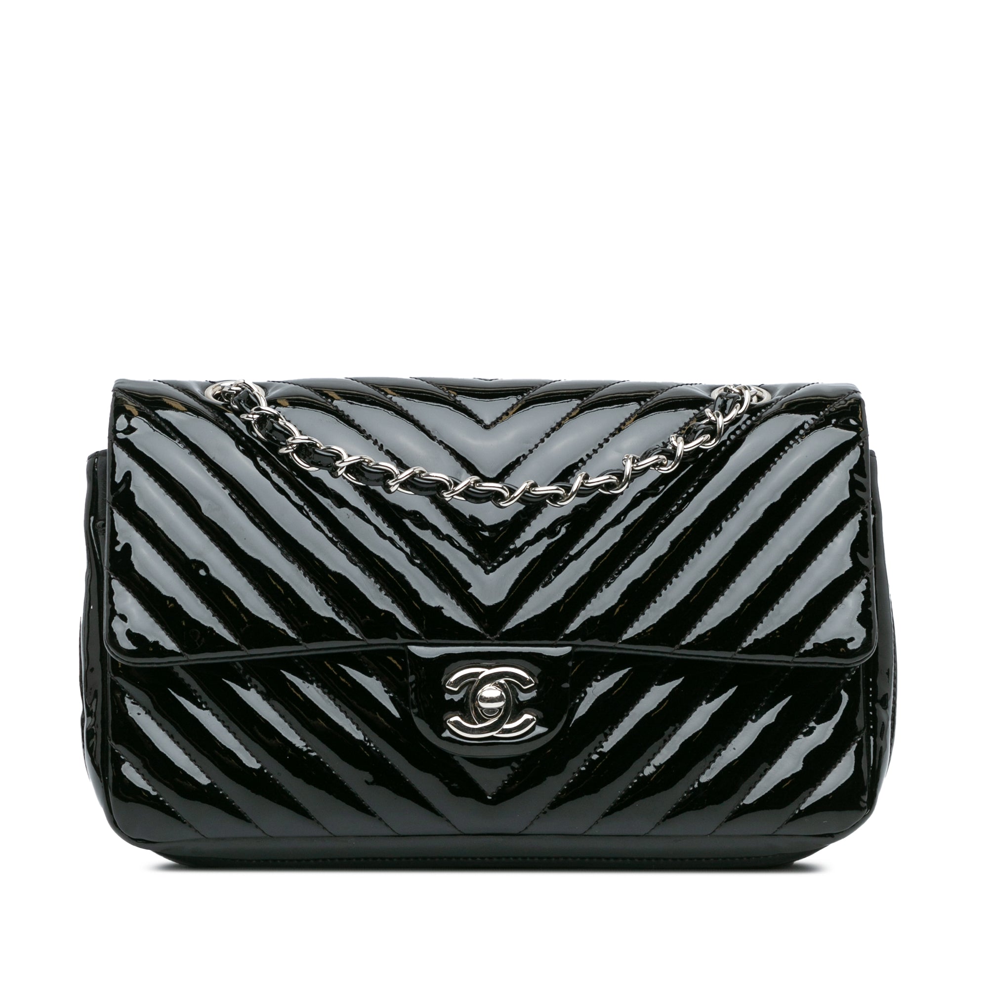Chanel | Pre-Owned Medium Classic Chevron Patent Double Flap - I | Black