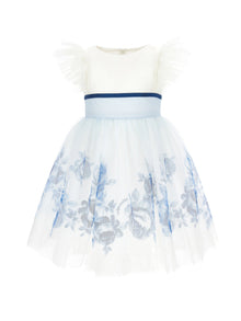 Girls | Tulle Dress With Dégradé Roses | Cream/Blue