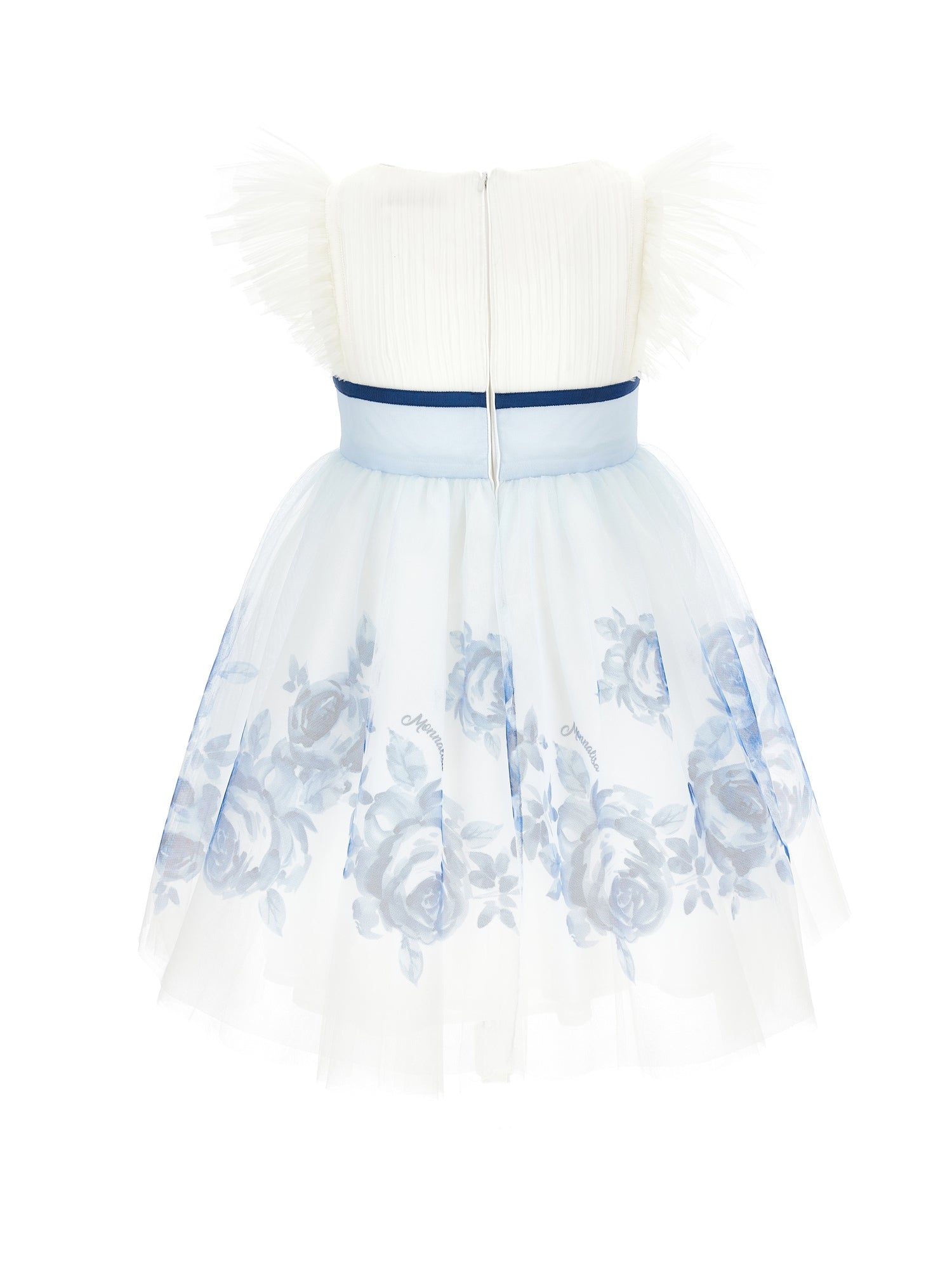 Girls | Tulle Dress With Dégradé Roses | Cream/Blue