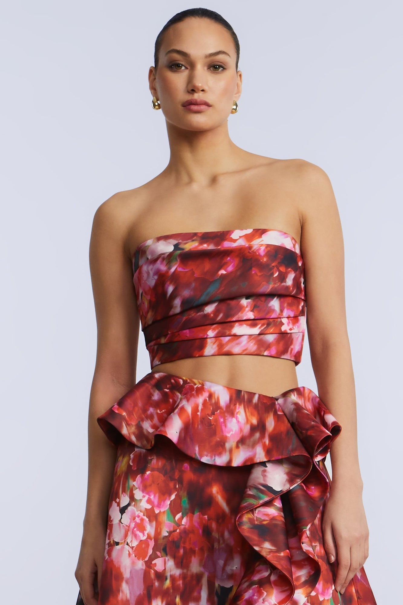 Pleated Satin Bustier | Washed Rose Chili Pepper Print