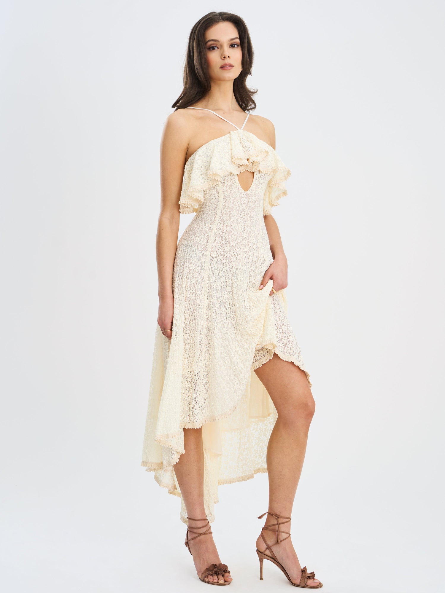 Idra Lace Trim Sleeveless Crochet Midi Trailing Dress | Beige