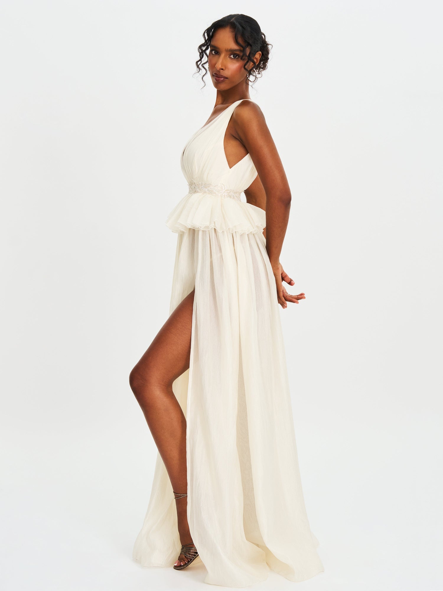 Calleigh Flare Beaded Belt Maxi Gown | Off White