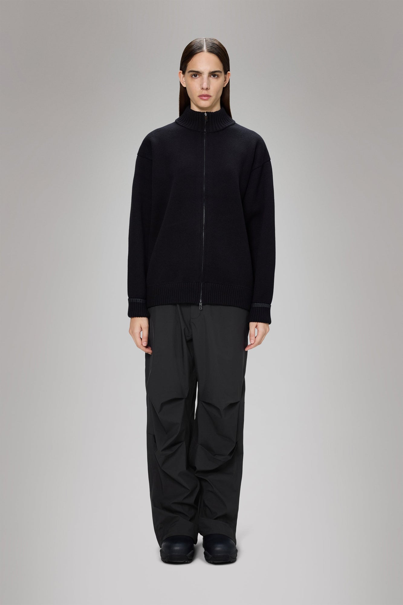 RAINS Sowa Knit Zip Cardigan Black Long Sleeve