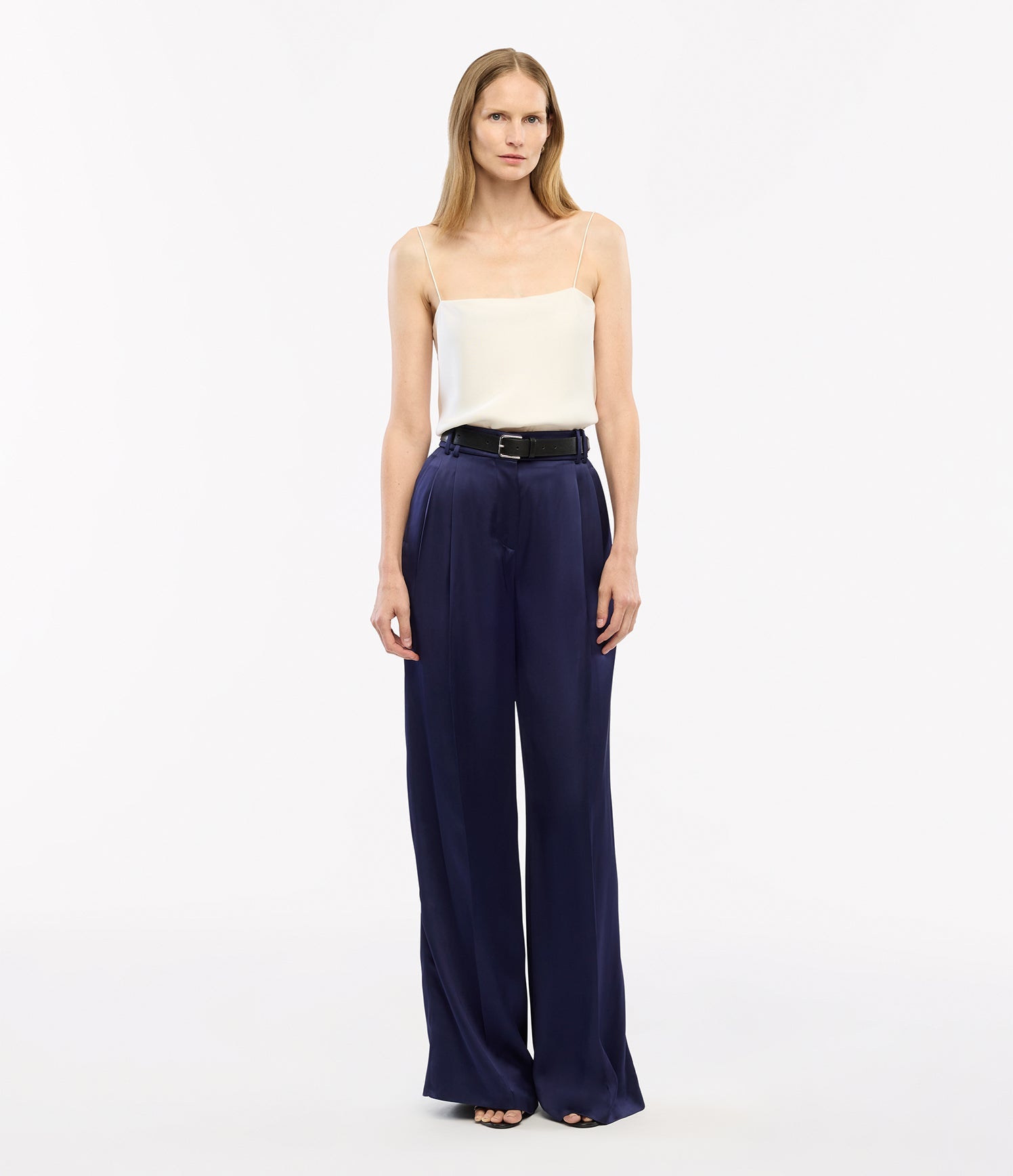 Another Tomorrow Satin Pleated Trouser in Indigo – Satin Women's Trousers