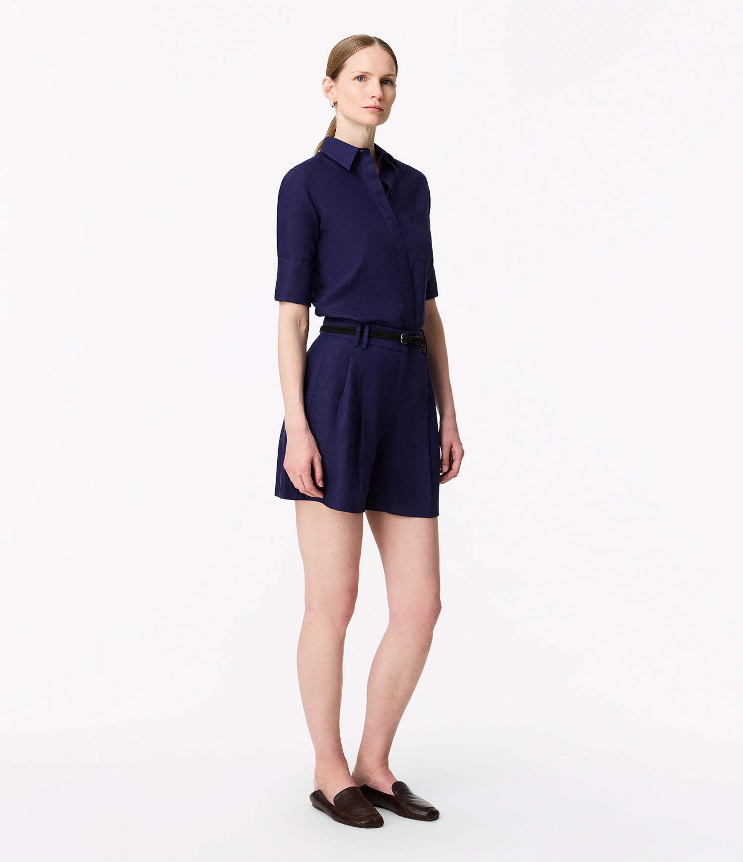 Another Tomorrow Linen Pleated Short in Indigo – Linen Women's Trousers