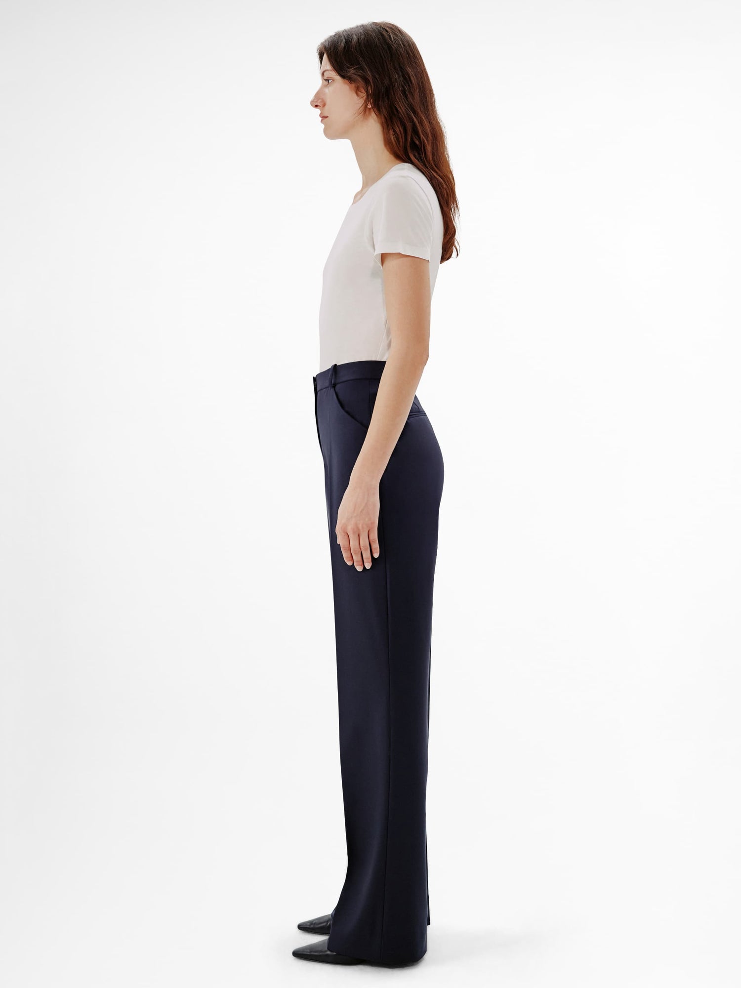 Another Tomorrow Slight Flare Trouser in Navy – Wool Women's Trousers
