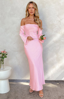 Alita Off The Shoulder Long Sleeve Maxi Formal Dress | Baby Pink