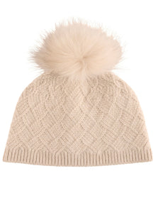 Amicale Cashmere | Women |Cashmere Basketweave Rib Hat W/ Fox Pom | Oatmeal