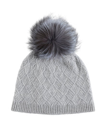 Amicale Cashmere | Women | Cashmere Basketweave Rib Hat W/ Fox Pom | Grey