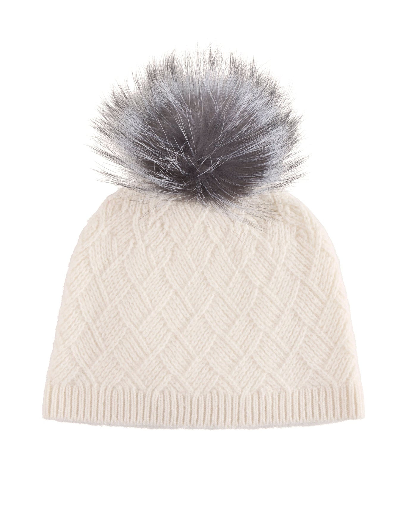 Amicale Cashmere | Women | Cashmere Basketweave Rib Hat W/ Fox Pom | Ivory