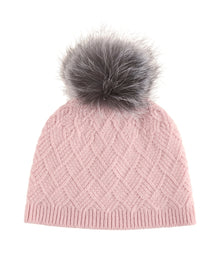 Amicale Cashmere | Women | Cashmere Basketweave Rib Hat W/ Fox Pom | Lt. Pink