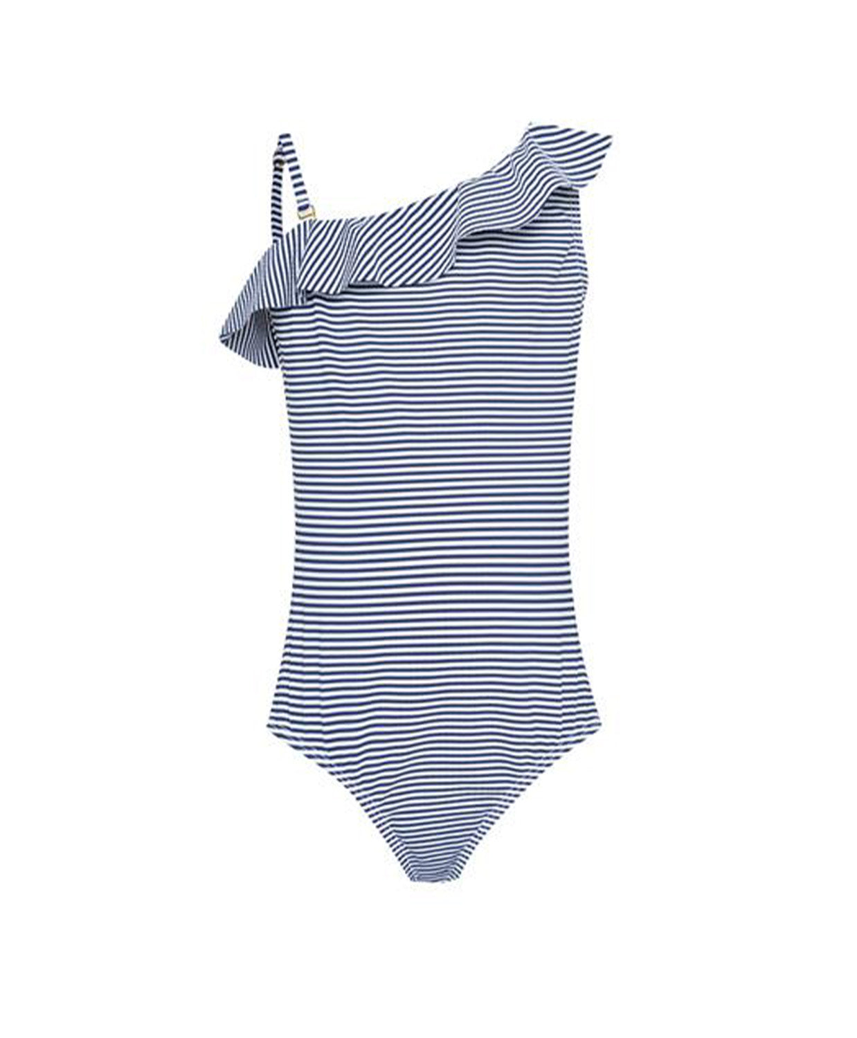 Blue and white striped one-shoulder swimsuit on a white background