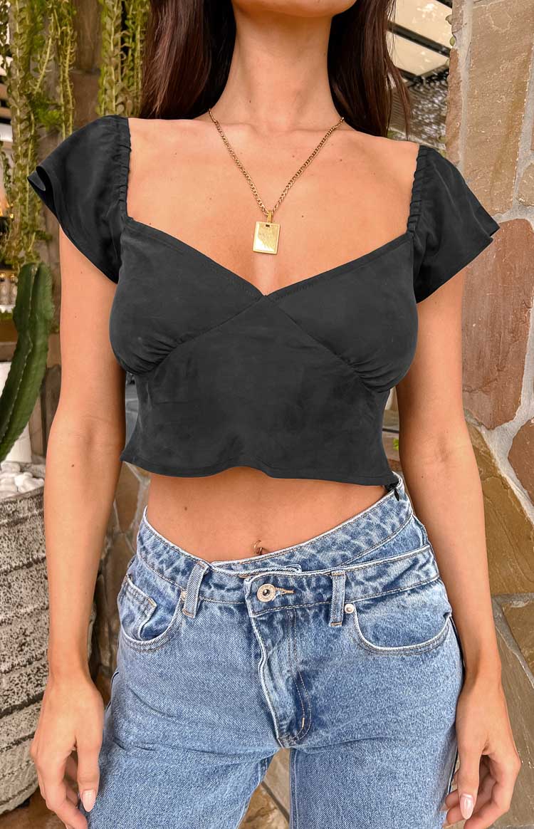 Beginning Boutique Anna Black Top black cropped top with sweetheart neckline and ruched flutter sleeves