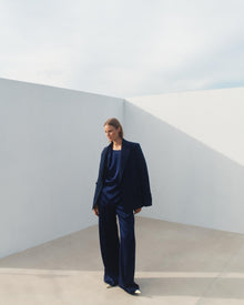 Another Tomorrow Satin Pleated Trouser in Indigo – Satin Women's Trousers