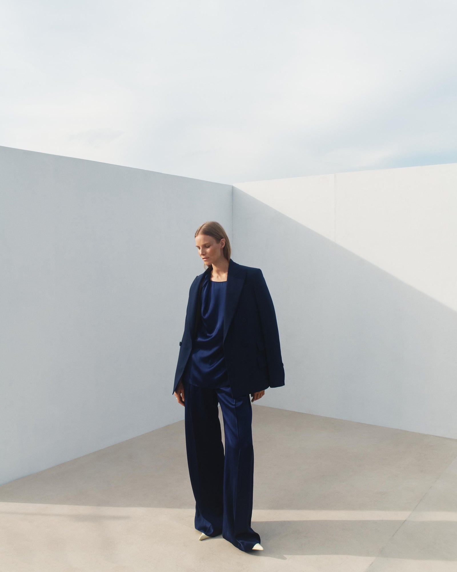 Another Tomorrow Satin Pleated Trouser in Indigo – Satin Women's Trousers