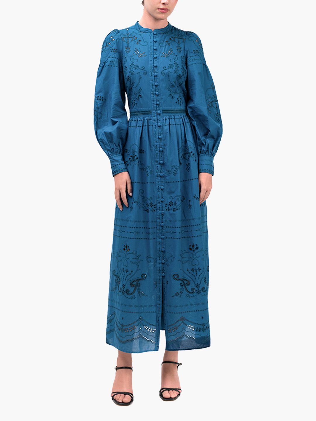 Embroidered Cotton Voile Tiered Maxi Dress | Teal