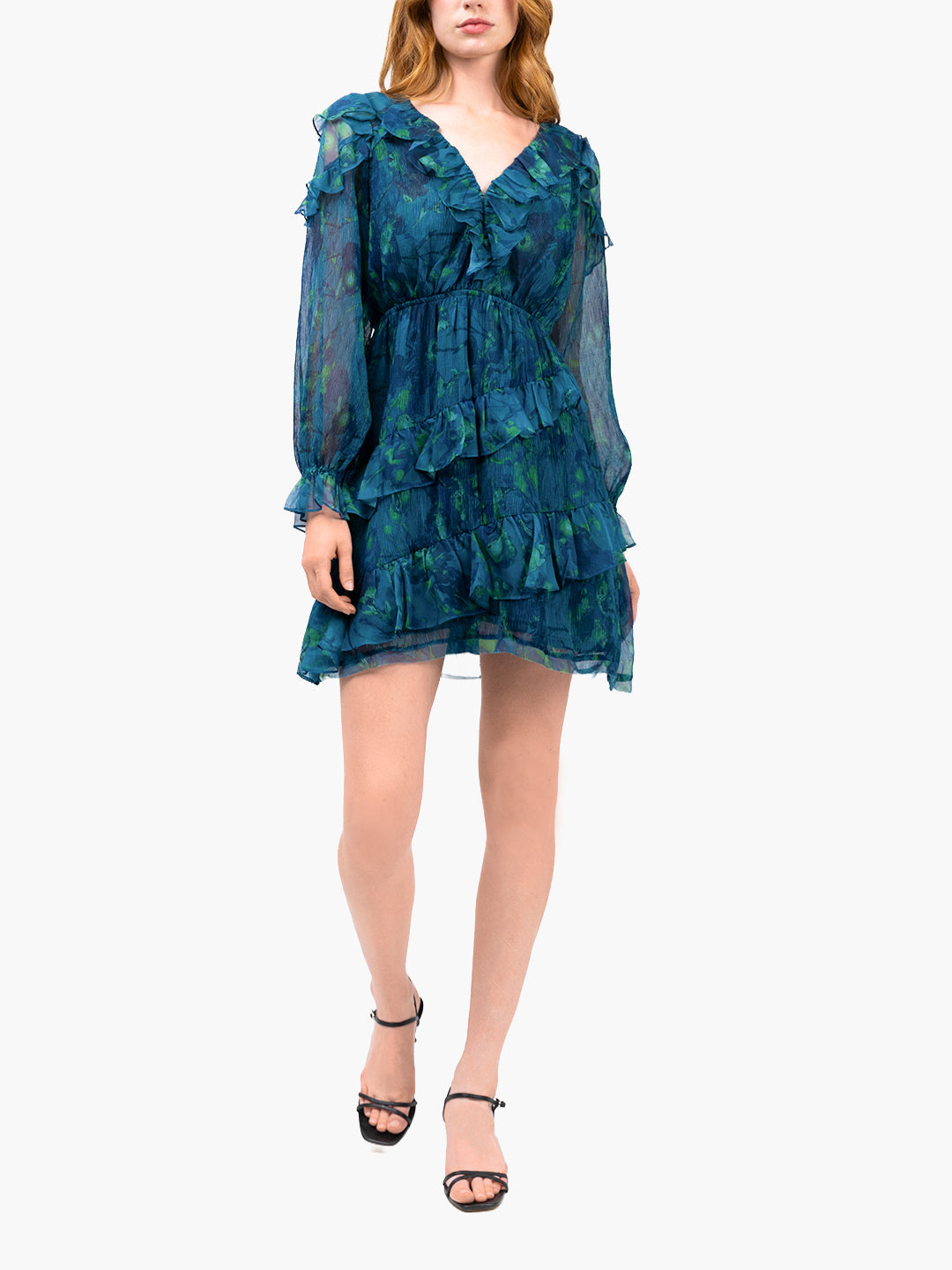 Watercolor Blooms Pleated Long Sleeve Chiffon Mini Dress | Teal