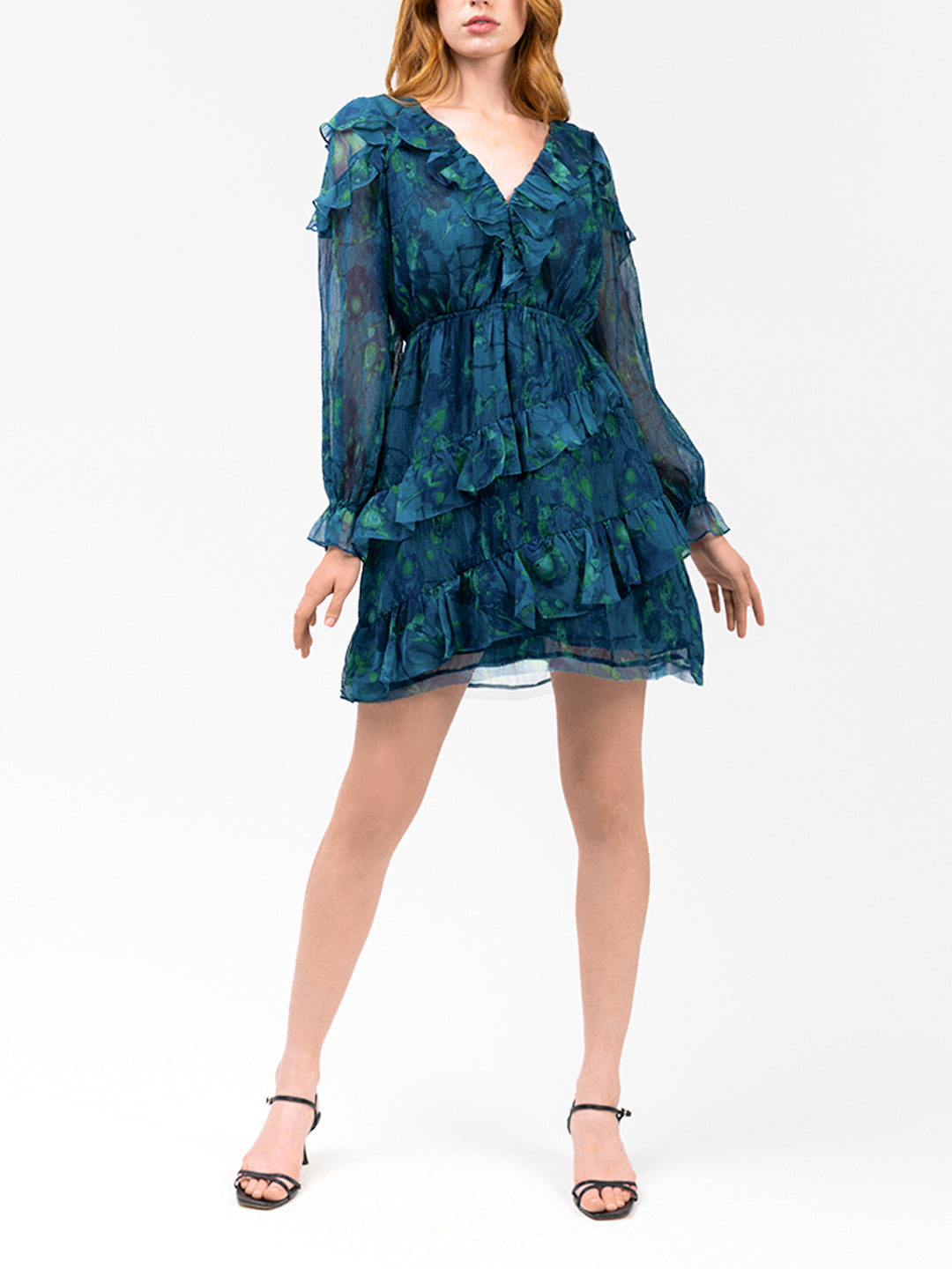 Watercolor Blooms Pleated Long Sleeve Chiffon Mini Dress | Teal