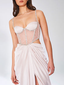 Cadence Satin Crystal Embellished Corset Dress | Champagne