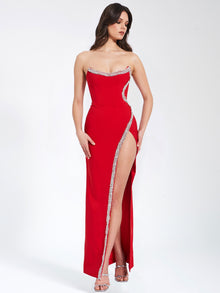 Xoana Crystal Embellished High Slit Gown | Red