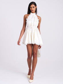 Idalia Beaded Lace Trim Backless Halter Mini Dress | Pearl White